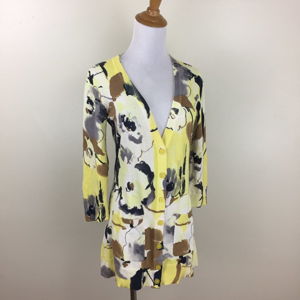 TABITHA Anthropologie Yellow White Brown Floral Print Cardigan